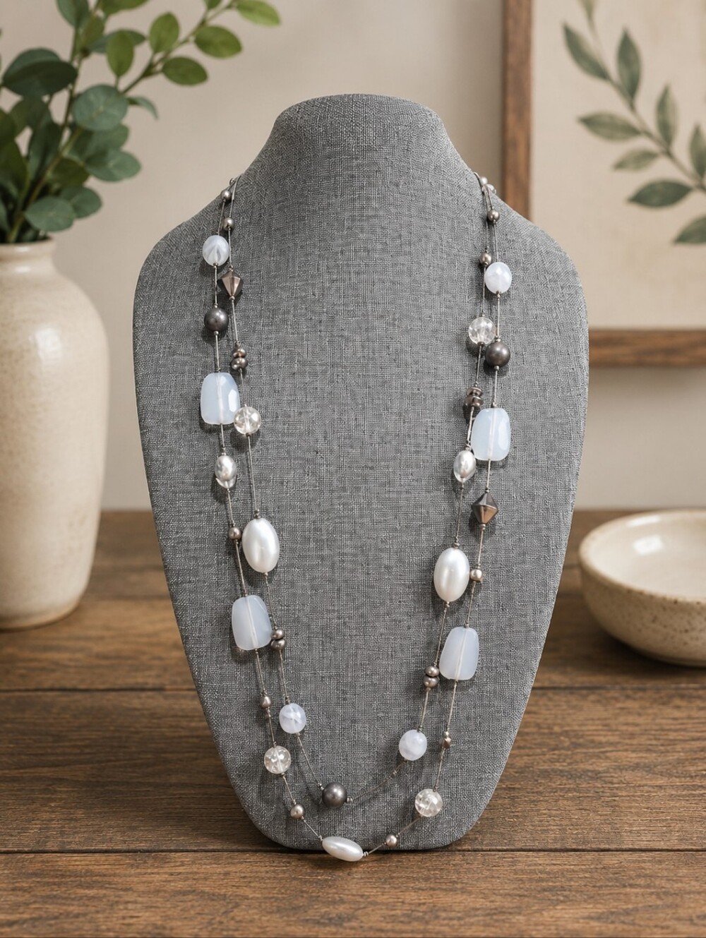Elegant Long Silver & White Beaded Necklace